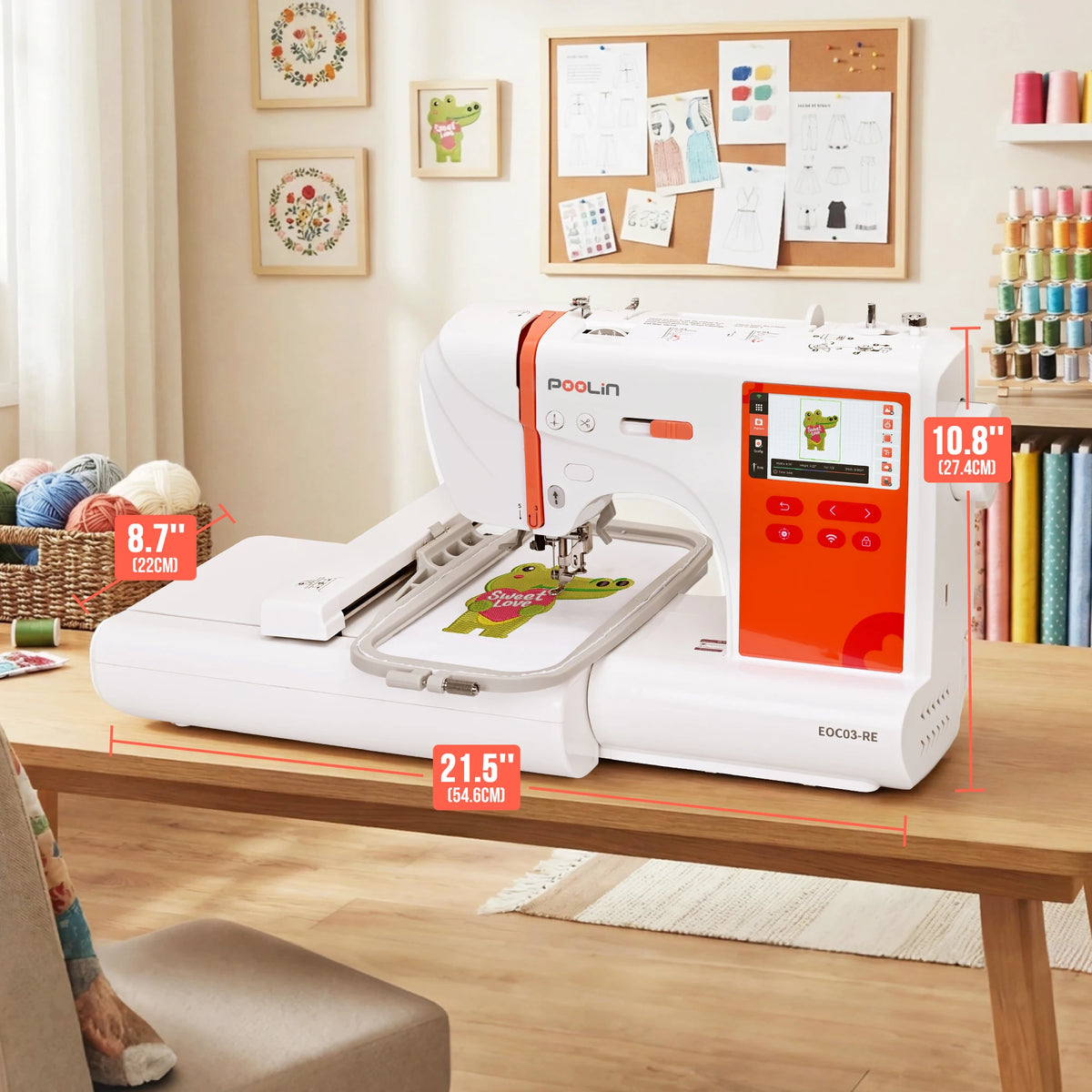 PooLin EOC03RE Embroidery Machine 4x4 & 4x9.25 Embroidery Area for Beginners, Easy Operation System, 130 Built-in Designs, 8 Fonts, Home DIY Embroidery Machine with Starter Kit for Beginners