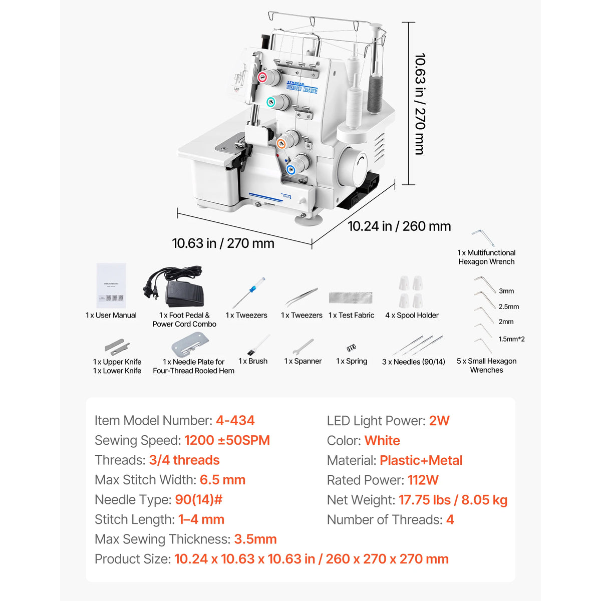 SucceBuy Serger Overlock Sewing Machine 1250 Stitches Per Minute 2-3-4 Thread Capability 0.7-2 Adjustable Differential Feed