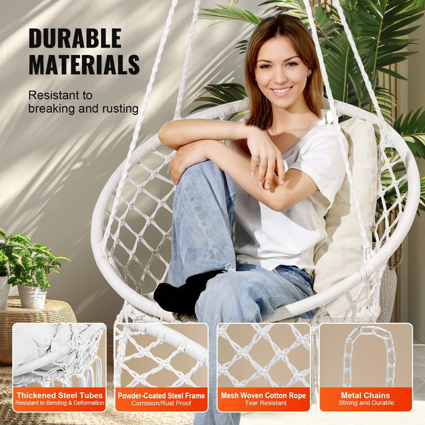 VEVOR Hanging Hammock Swing Chair 330 lbs Macramé Hanging Chair Cotton Rope Swing Chair for Bedroom Balcony Patio Garden White