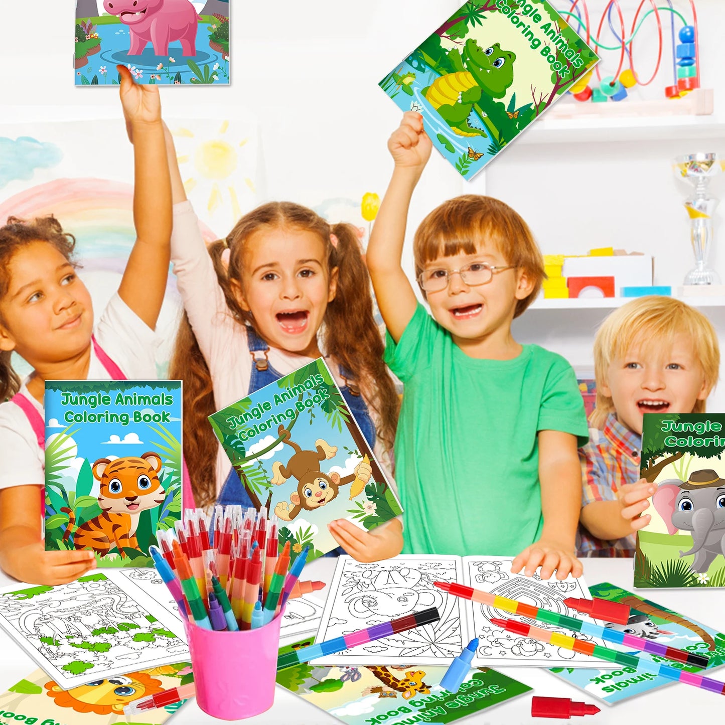 24Pcs Jungle Safari Animals Coloring Books for Kids with 24 Stacking Crayons Mini Coloring Book Party Favors Bulk Gifts Small A