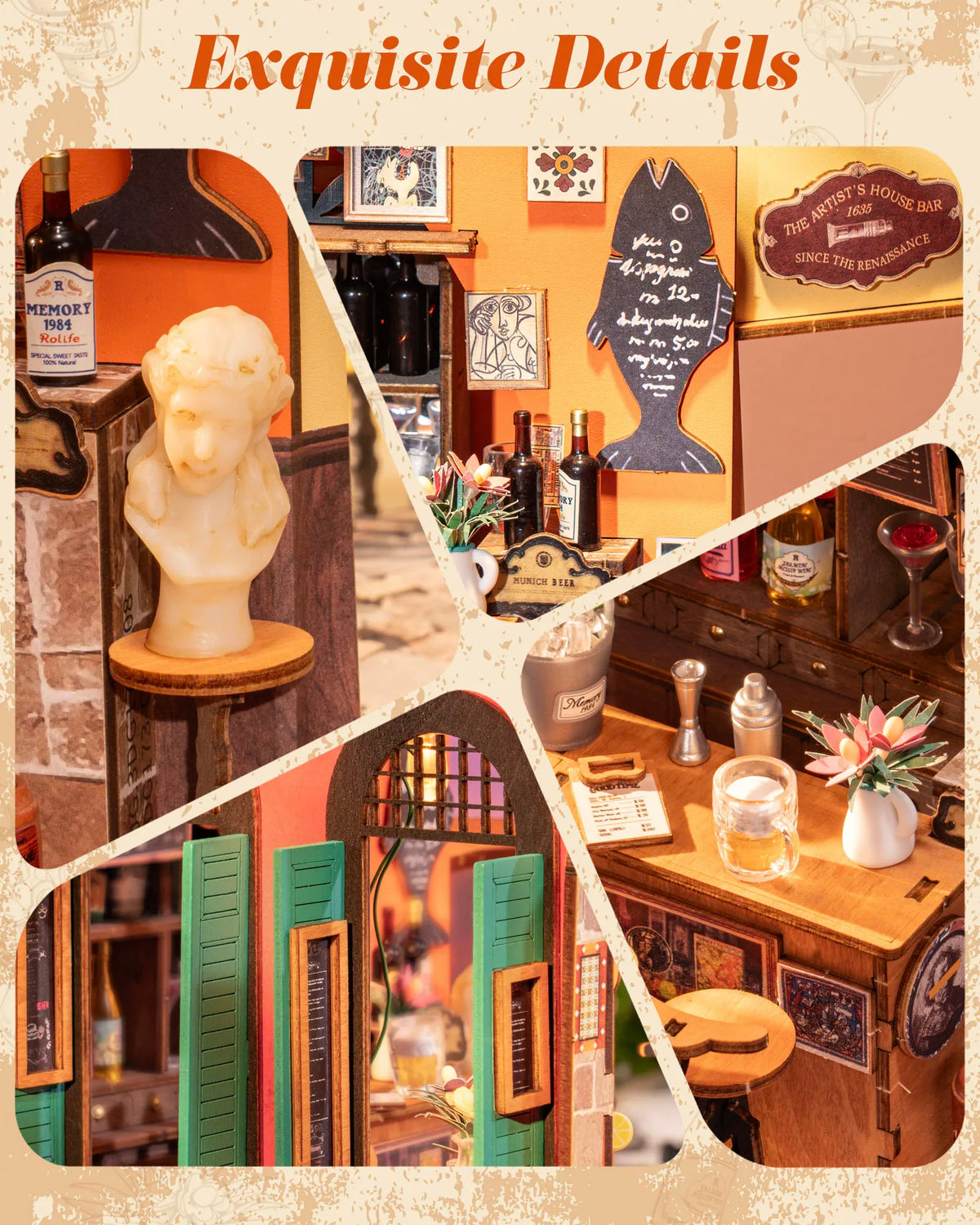 Rolife Wooden 3D Puzzle Cheers Bar DIY Miniature Dollhouse Kit with LED Light for Bookshelf Decor Birthday Gifts for Adults