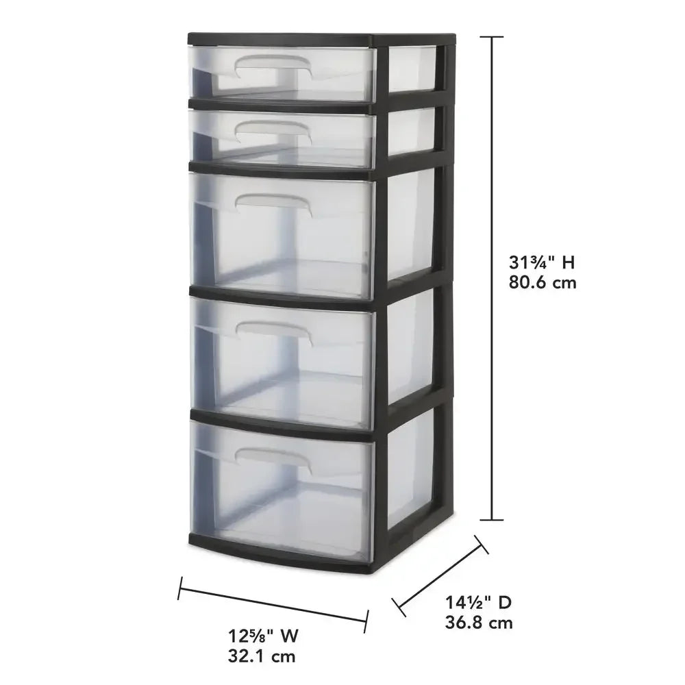5-Drawer Plastic Storage Tower Black Clear Drawers Organizer Art Supplies Crafting Home Storage Closet