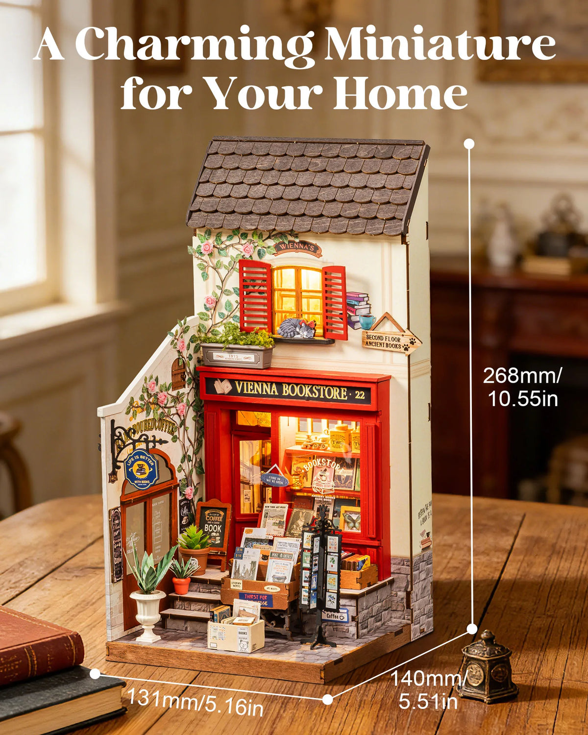 Rolife Wooden 3D Puzzle DIY Miniature House Kit Vienna Bookstore & Aromatic Coffee Cart Model Building Kit with LED Light for Home Decor Gift for Adults Teens