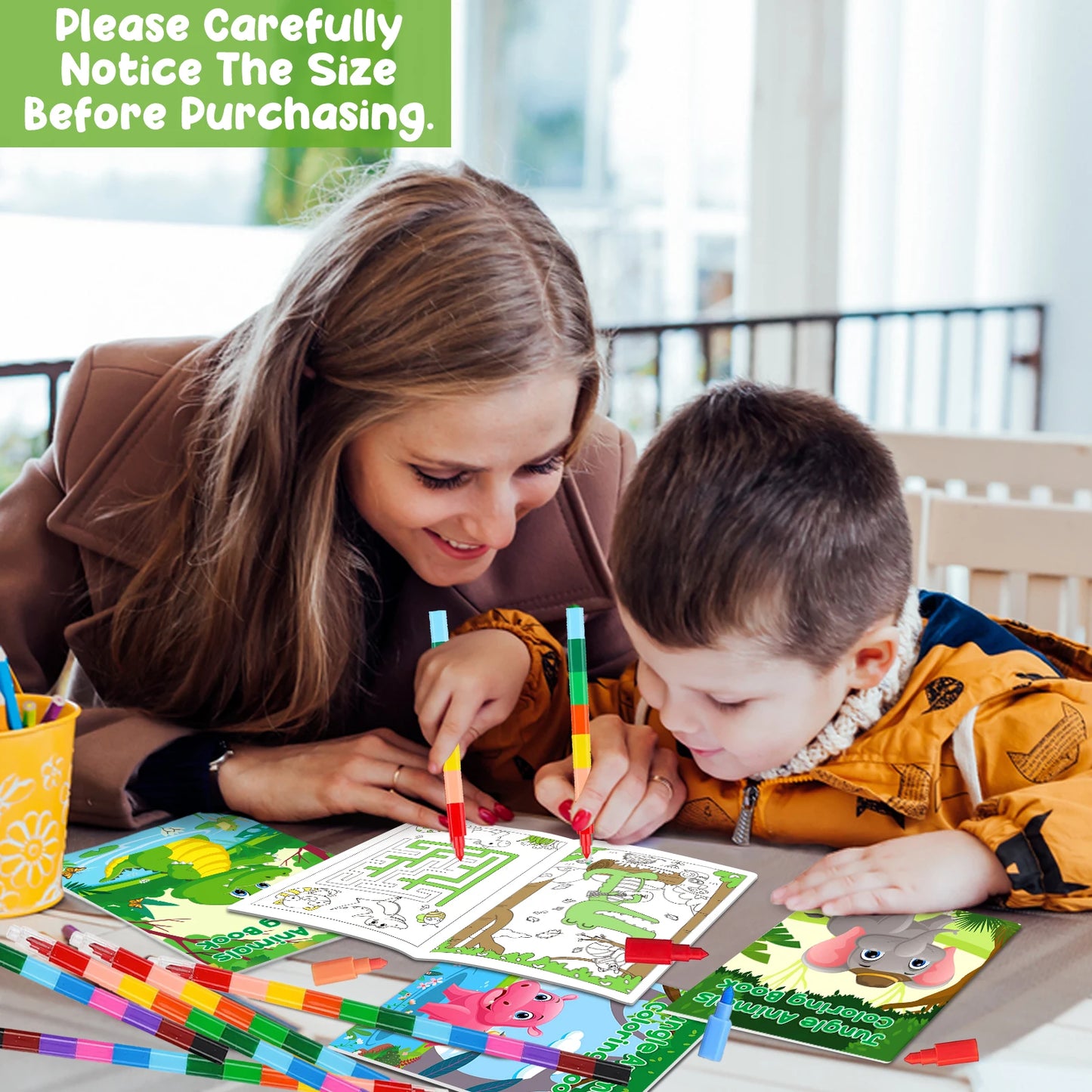 24Pcs Jungle Safari Animals Coloring Books for Kids with 24 Stacking Crayons Mini Coloring Book Party Favors Bulk Gifts Small A