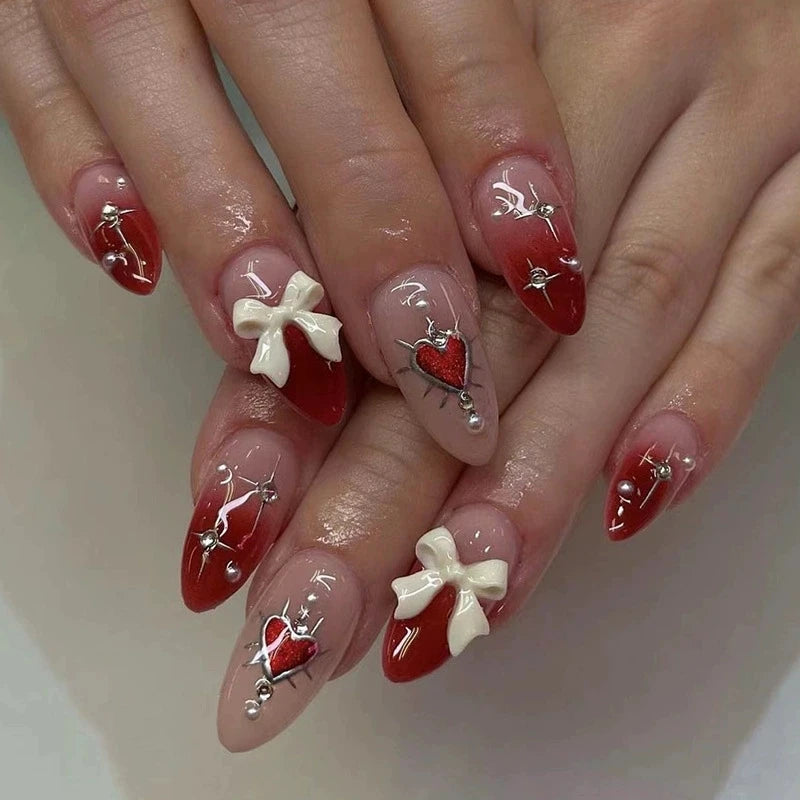Pink Almond False Nails Butterfly Ballet Almond False Nails Butterfly Ballet with French Design Wearable Fake Nails Simple Artificial Press on Nails Tips Art 24Pcs
