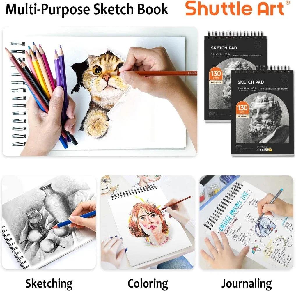 9"x12" sketchbook, 260 sheets (68 lb/100 g/m²) drawing pads, 2 packs, 130 sheets each, spiral bound sketchbook