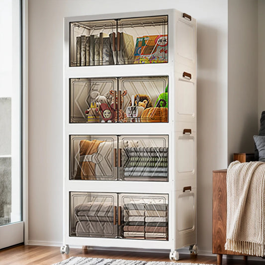 4 Tier Stackable Storage Bins with Lids with Doors & Wheels Foldable Organization Storage Drawer