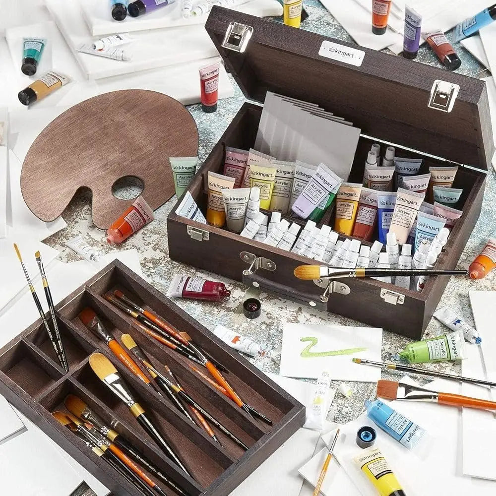 720 Wood Art Storage Box With Espresso Stain, 2-Tier Wood Case With 10 Dividers, Holds Markers, Paint, Brushes, Pencils, And