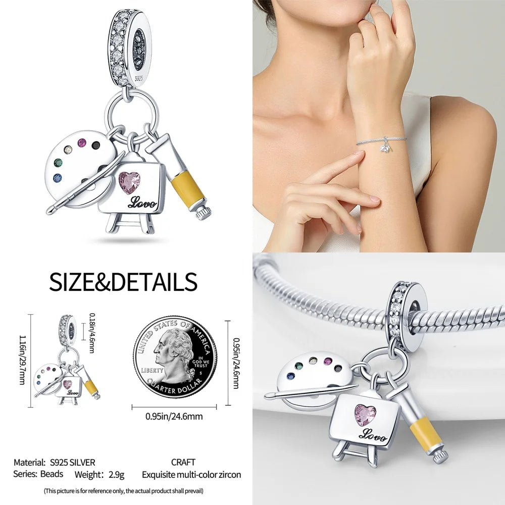 925 Sterling Silver Artist Brush Tools Color Palette Oil Painting Charms Beads Fit Original Bracelets DIY Jewelry Gifts
