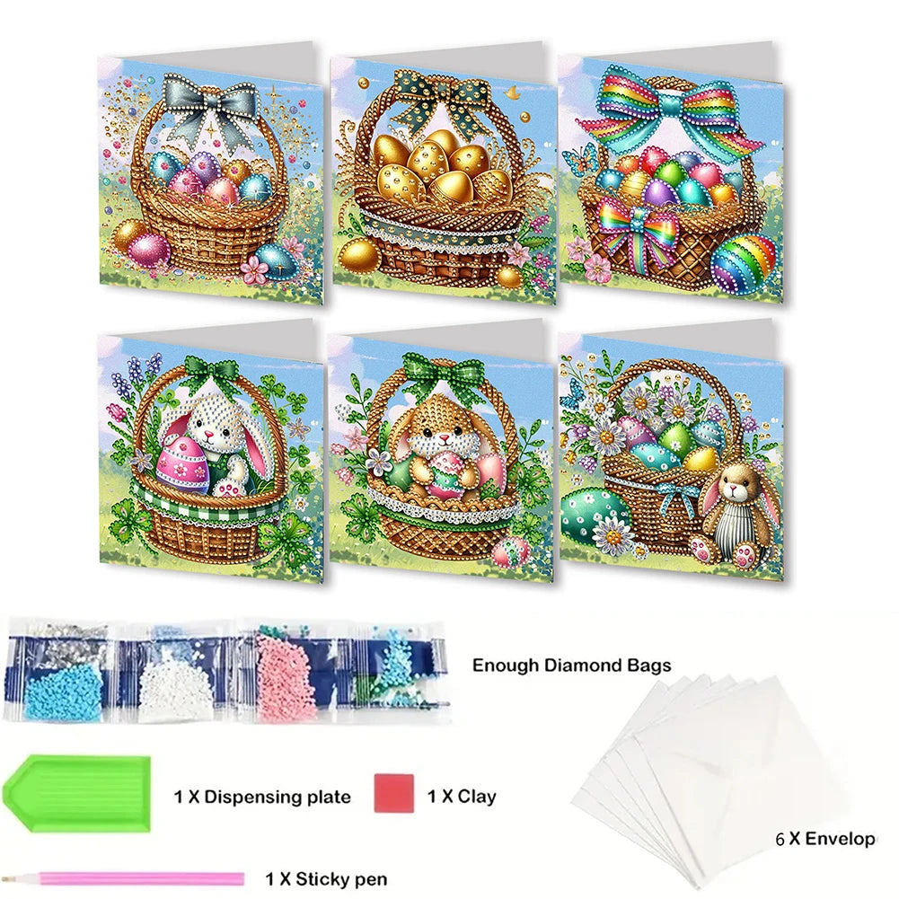 6Pcs Easter Egg DIY Diamond Painting Card Rhinestone Painting Card Kit Diamond Painting Greeting Card for Holiday Party Favors