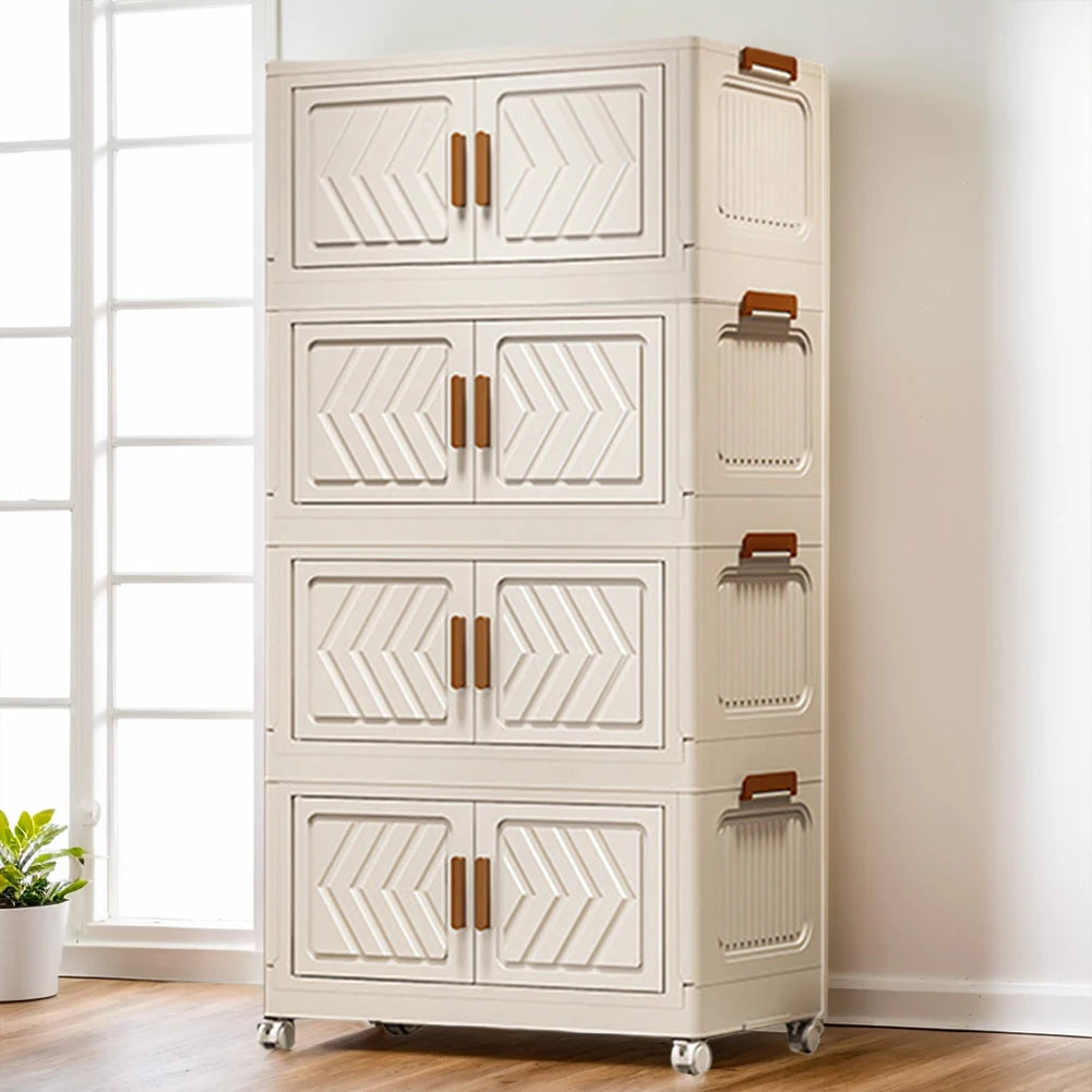 4 Tier Stackable Storage Bins with Lids with Doors & Wheels Foldable Organization Storage Drawer