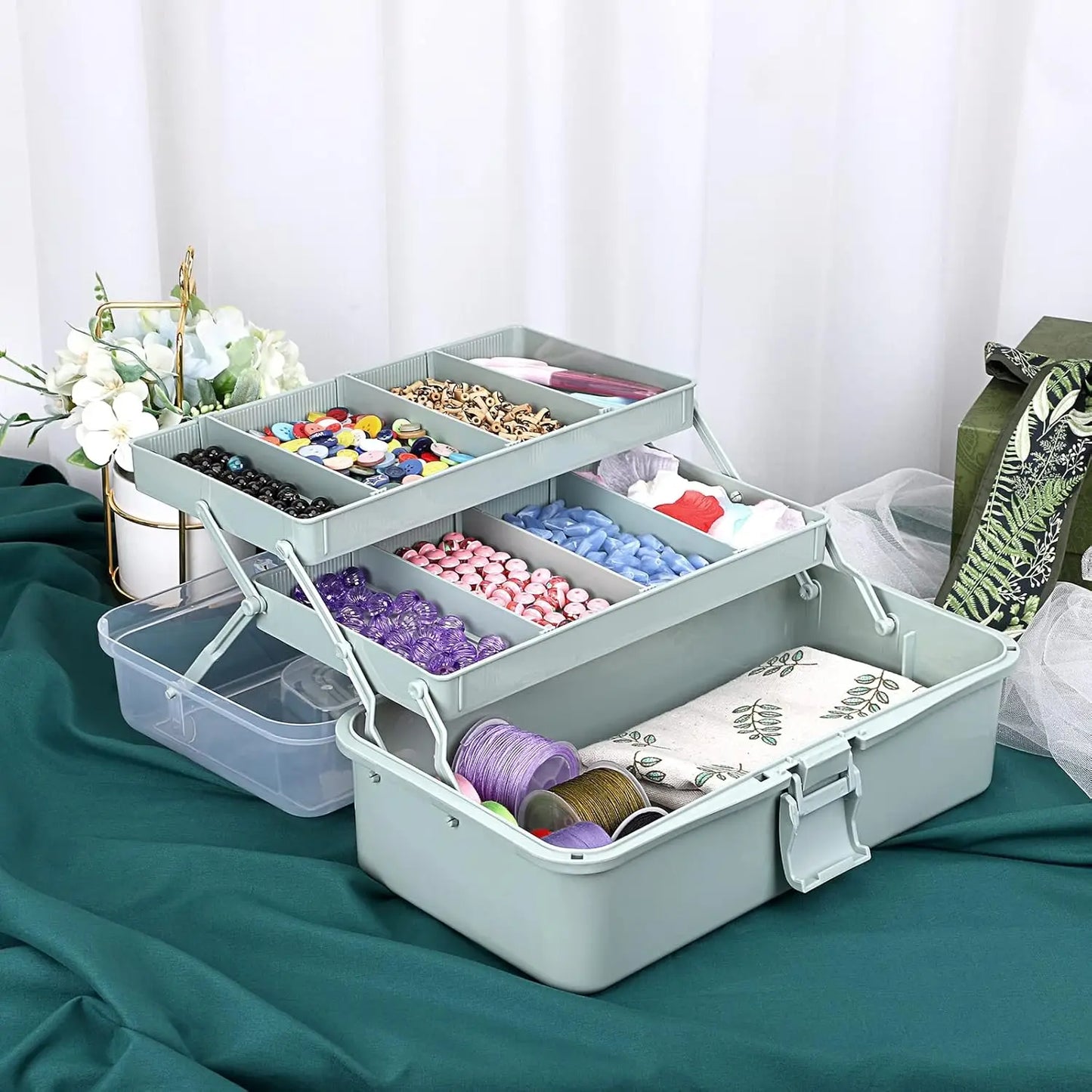 3-Layer Plastic Dividing Storage Box Craft Organizer and Storage with Adjustable Spacers Portable Handled Art Supply
