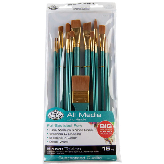 Royal & Langnickel - 15pc Long Handle, Brown Taklon All Media Paint Brush Set