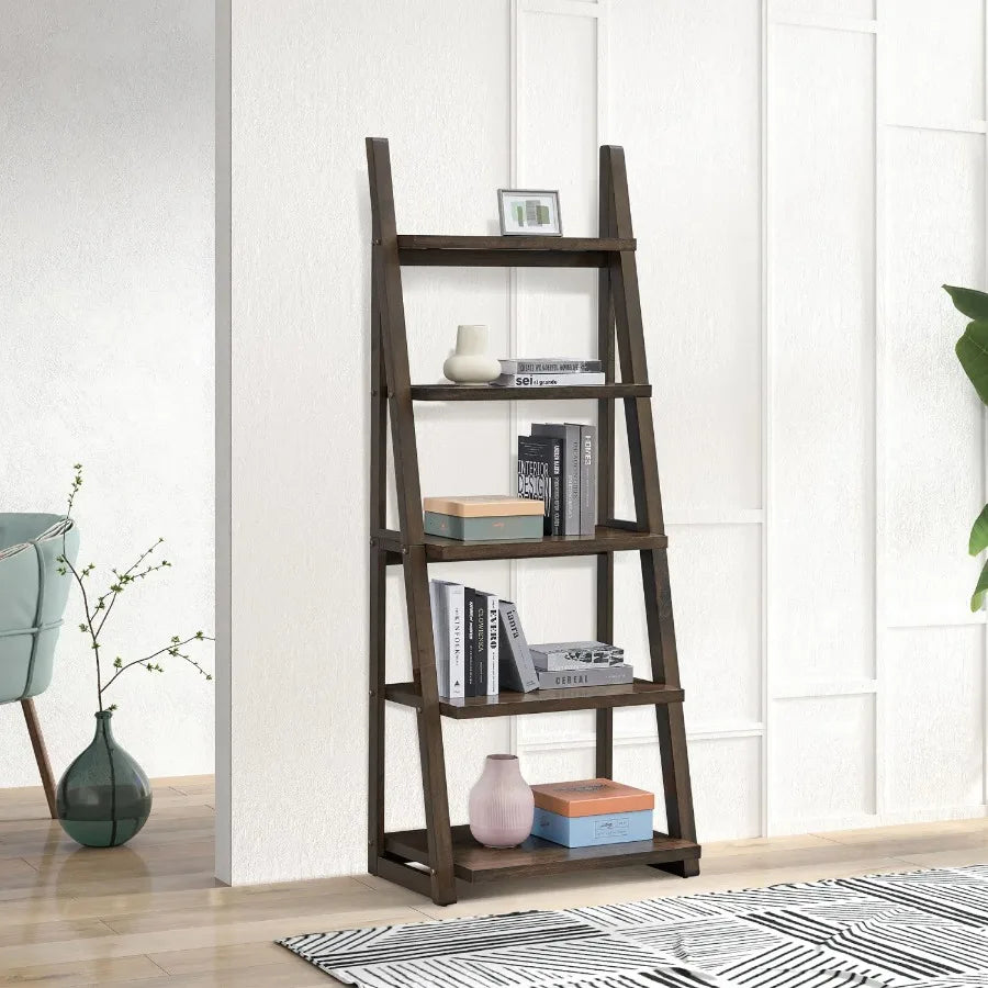 5-Tier Shelves Bookshelf Storage Rack Bookcase with Ladder Frame for Living Room Home Office