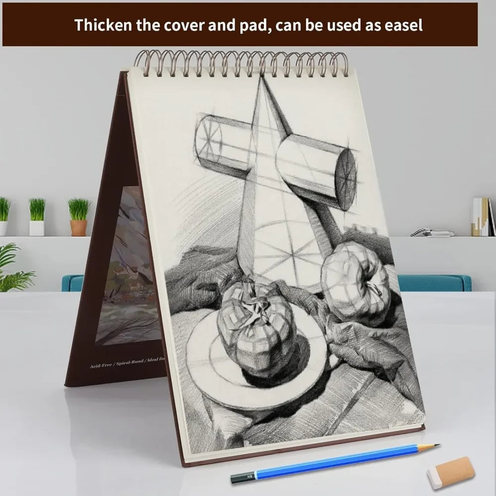 9 x 12 inches, 60 sheets (98 lb/160 g/m²) heavy-duty drawing paper, spiral-bound hardcover sketchbook on top