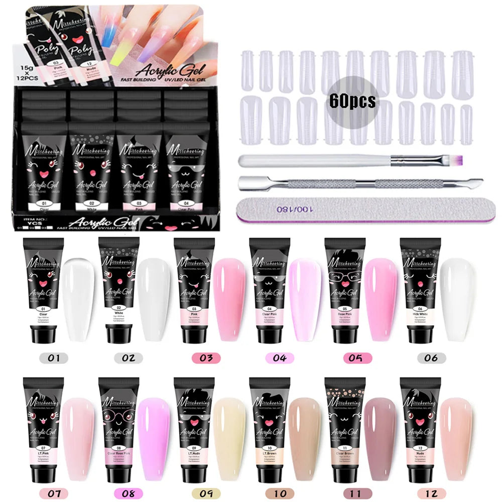 Poly Nail Gel Kit 12 PCS Diamond Poly Nail Gel Colors Nude Yellow Red Green Purple Blue Pink Glitter Poly Nail Gel Poly Extensio