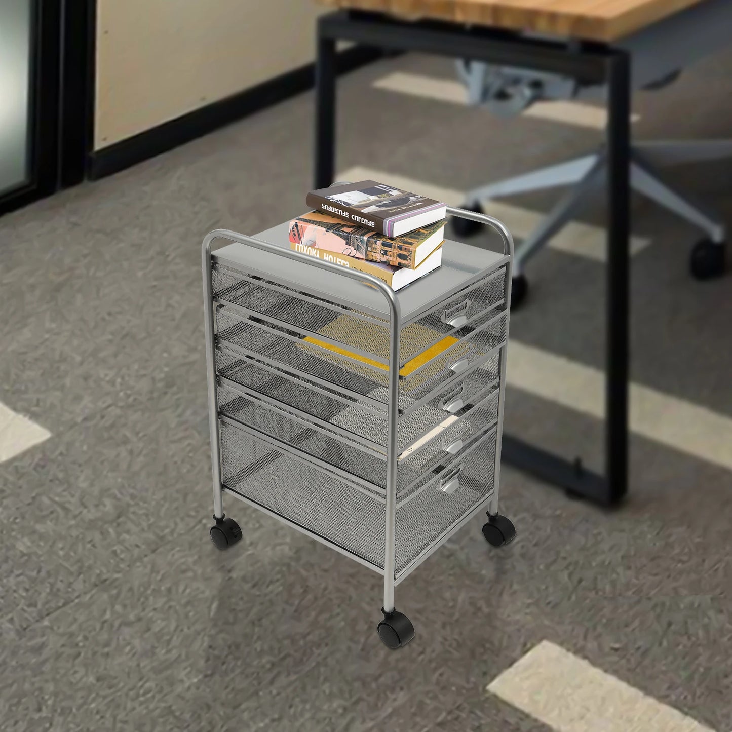 Rolling File Cabinet with 5 Drawers, Mesh Carts Craft Organizer with 4 Swivel 360° Wheels, Office Freestanding Supplies Storage