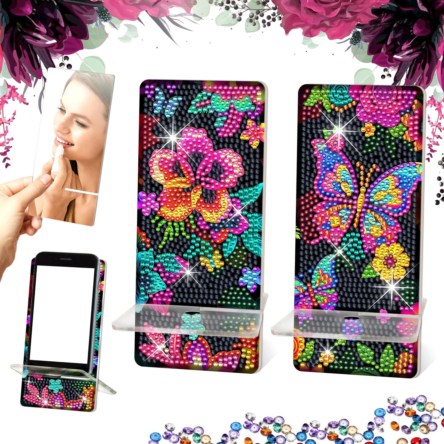 2 Pack Diamond Painting Phone Holder Art Kits, 5D Full Crystal Diamond Art Phone Holder& Mirror Craft Art Kits Gift for Beginner