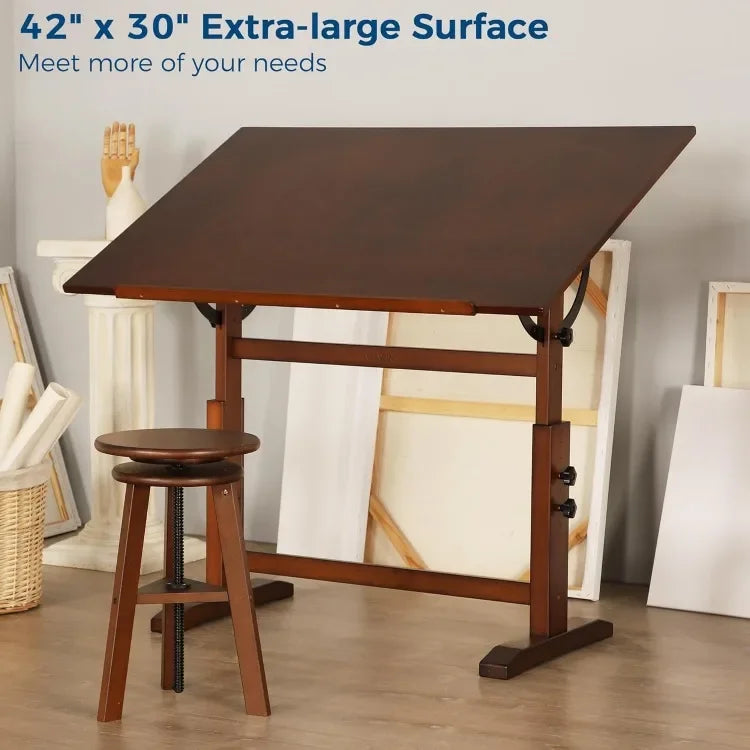 Popular.30" x 42" Extra-Large Artist Drafting Table, Adjustable Height & Angle, Solid Pine Wood Drawing Table, Art Table for Adu