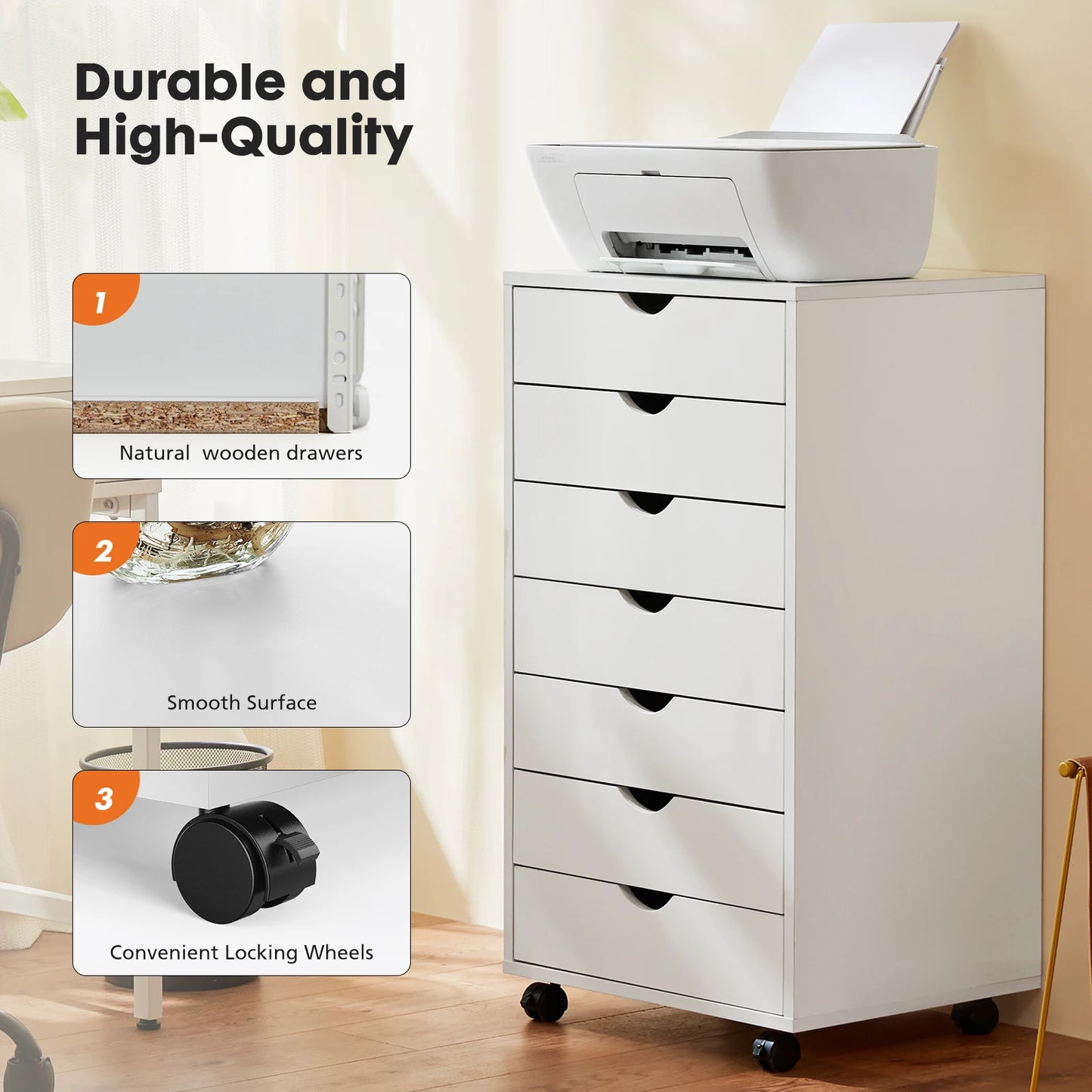 JH 7 Drawer Chest Dressers Nightstand Storage Cabinet Wooden File Office Mobile Cabinet Wheels