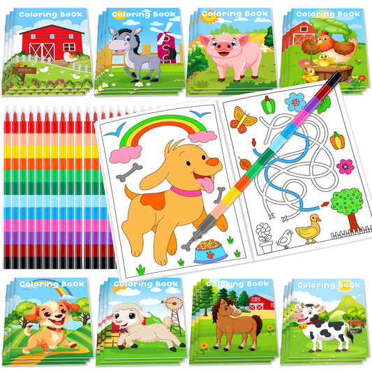 24Pcs Farm  Coloring Books  Coloring Books for Kids with 24 Stacking Crayons Mini Coloring Book Party Favors Bulk Gifts Cows Horses Barns Small A
