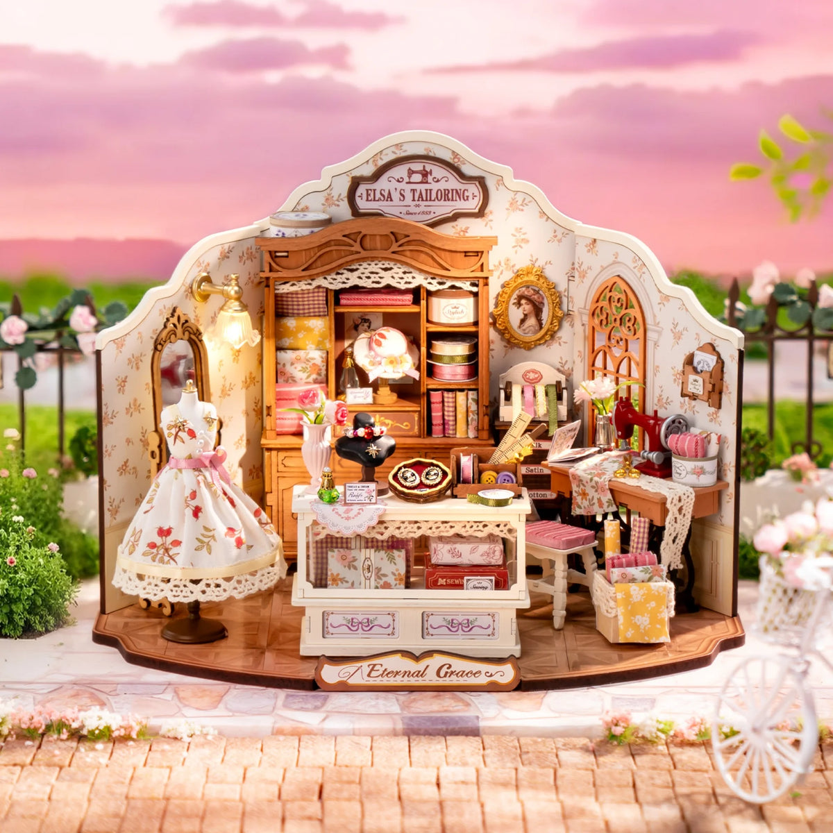 Rolife Wooden 3D Puzzle Elsa's Tailor DIY Mini Dollhouse Model Building Kit with LED Light for Home Decor Holiday Gift for Adults Teens