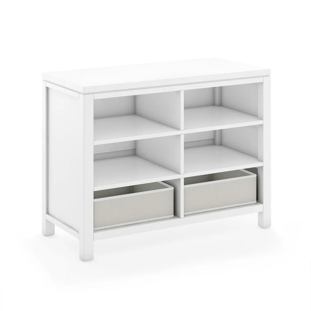Crafting Kids- Creamy White: Wooden Shelving with Bins, 6 Compartment Art Supply Organizer for Playroom