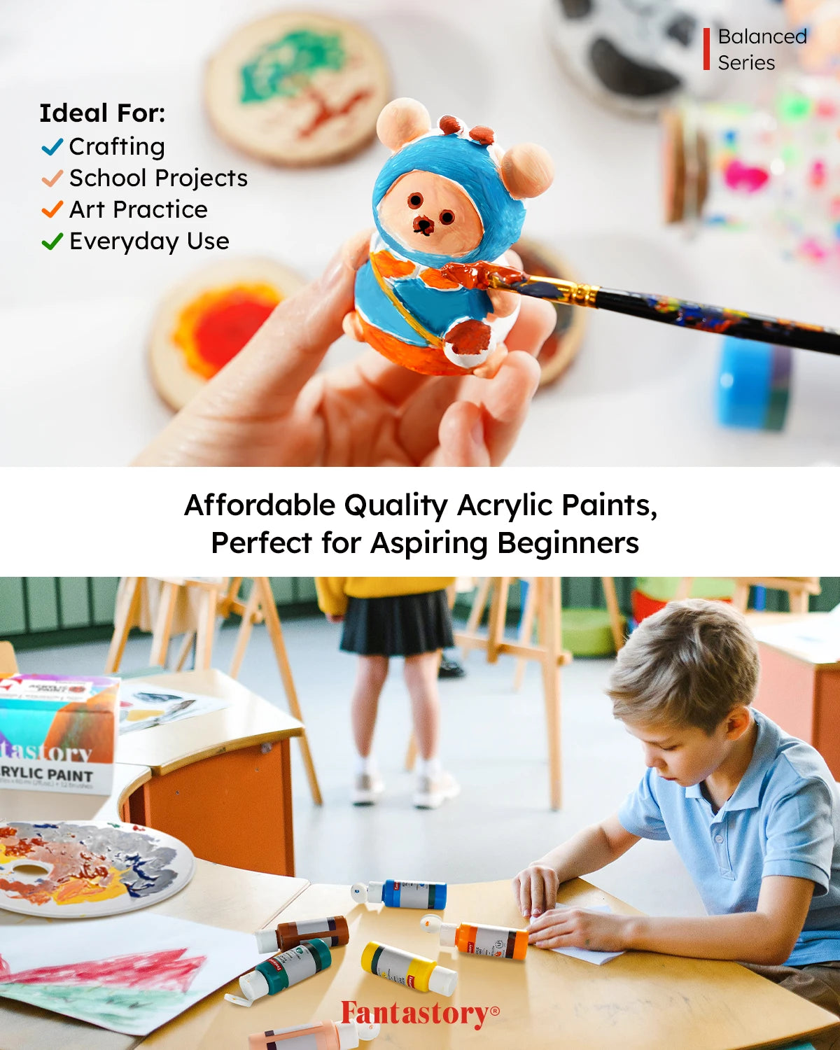 Fantastory Acrylic Paint Set - 24 Colors 2oz Each + 12 Professional Brushes, Ideal for Canvas, Glass, Wood, Ceramics & Models