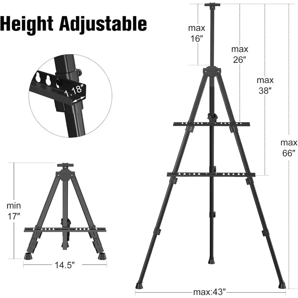 Portable adjustable aluminum metal tripod display easels ranging in height from 17 to 66 inches for tabletop/floor painting
