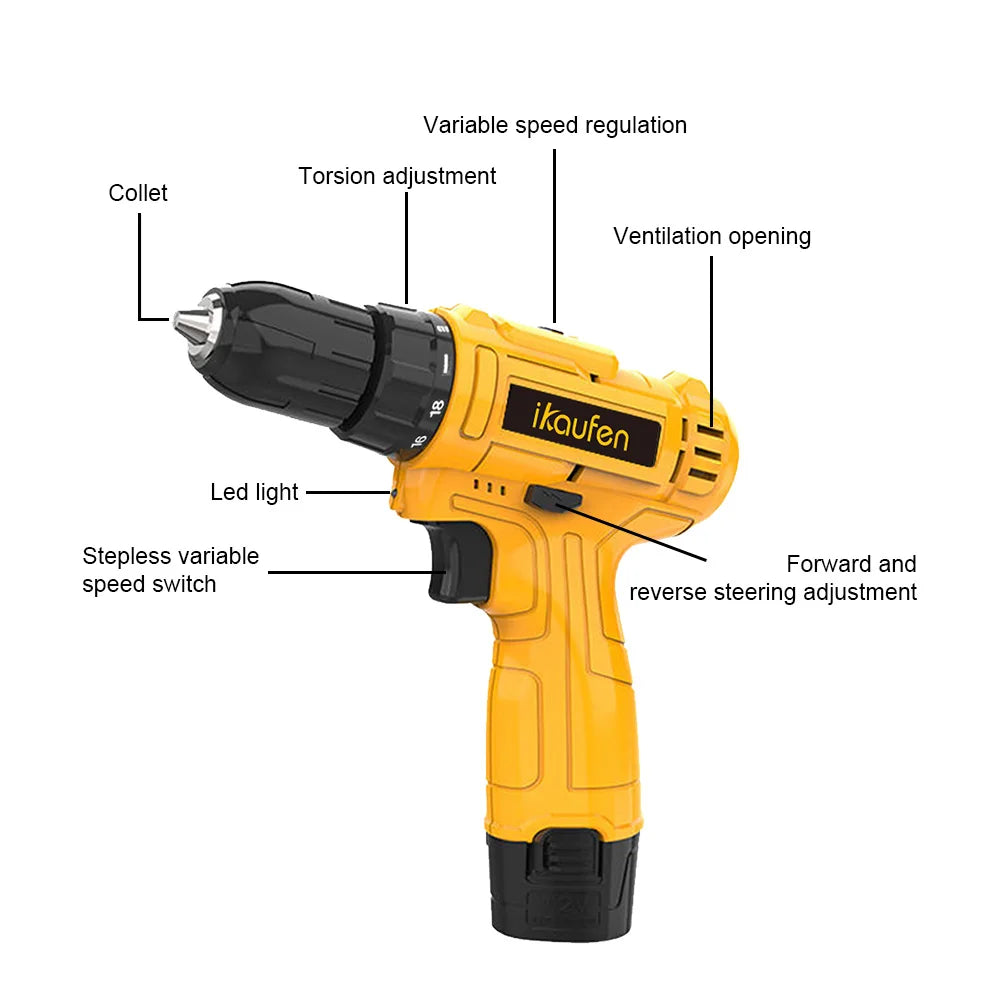 21V Cordless Impact Drill Driver Set Charger Included Electric Screwdriver Tool Kit 3 Variable Speeds 25+1 Torque Settings