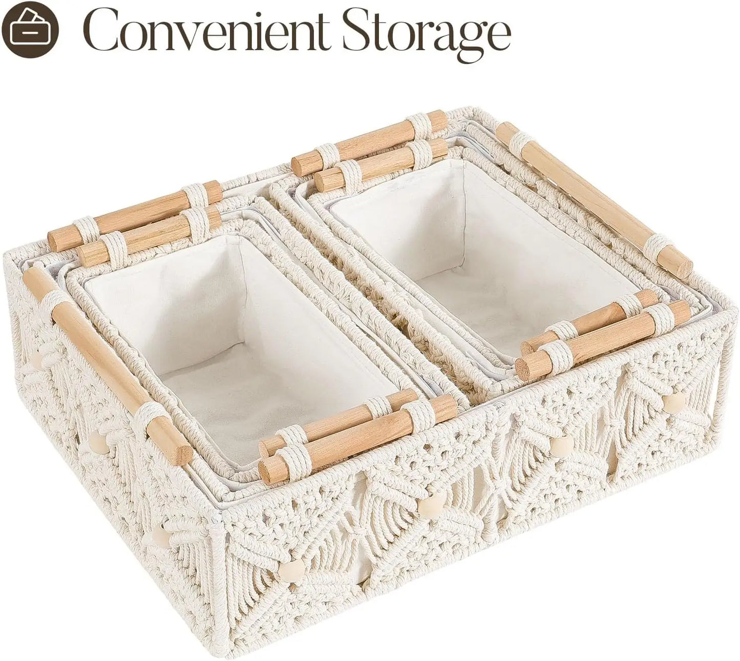 Boho Storage Baskets For Organizing 5 Pcs Macrame Decorative Hand Woven Storage Bins With Natural Wooden Handles Beads Box