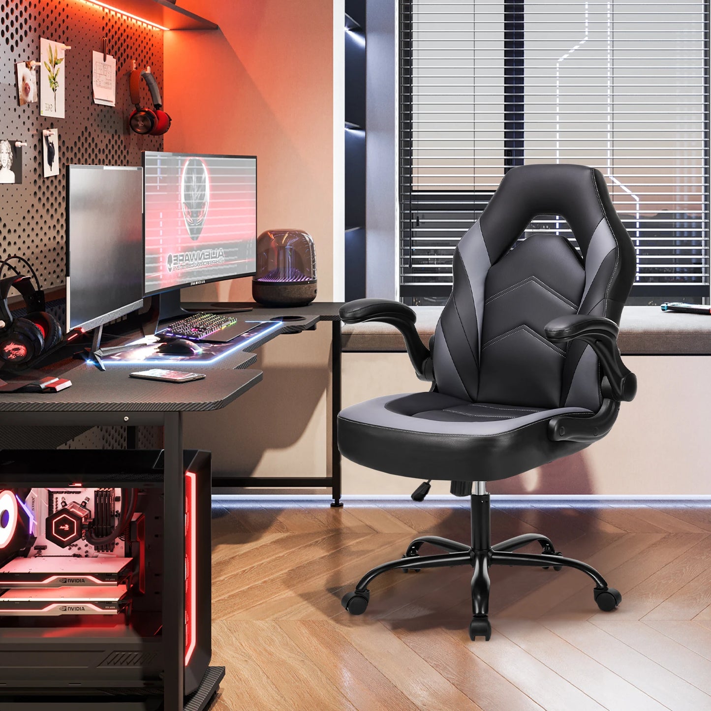 JHK Ergonomic Office Computer Chair Adjustable PU Leather Racing Chair Flip-up Armrest