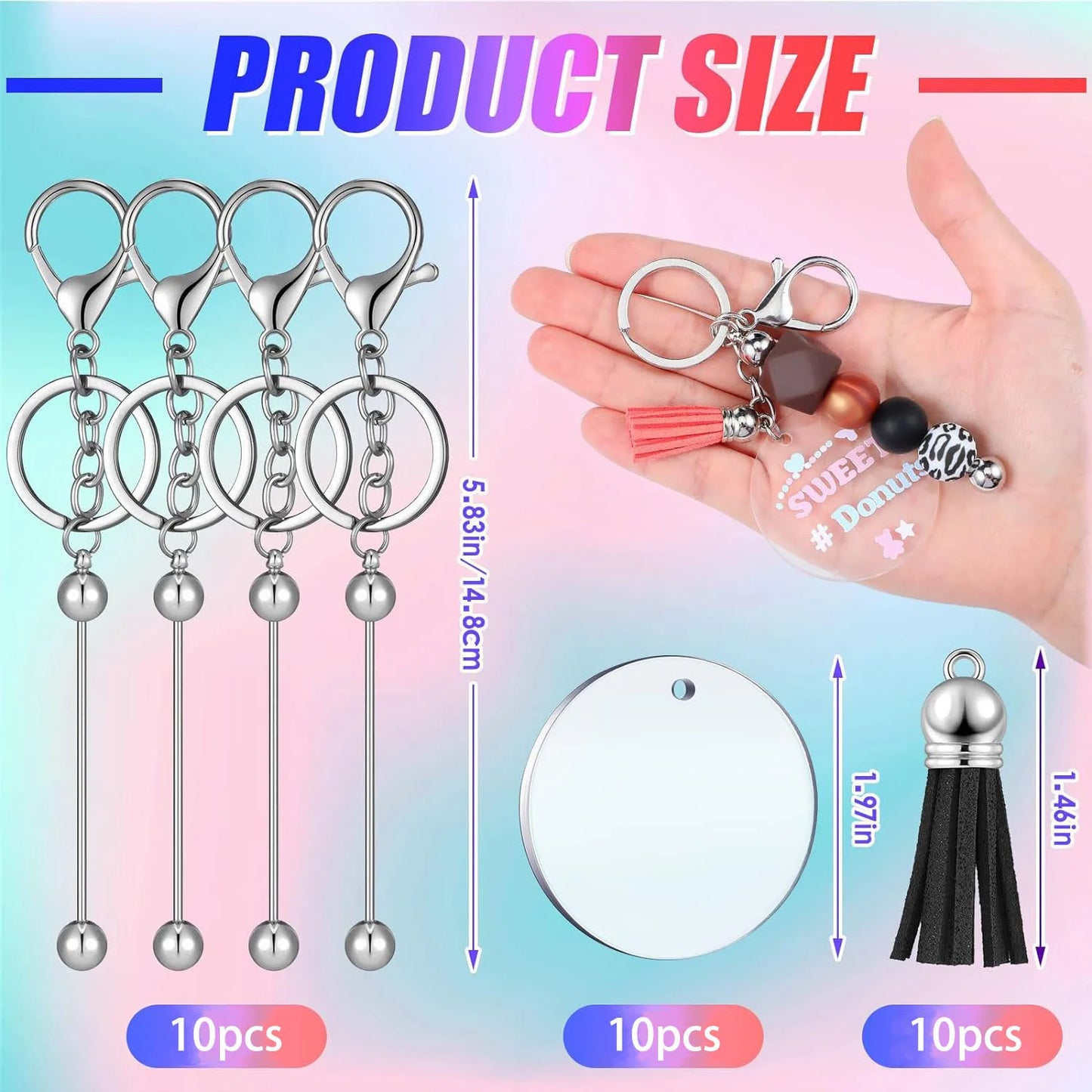 Beaded Keychain Bars, including silver Blanks Bead keychain and Colorful Leather Keychain Tassels