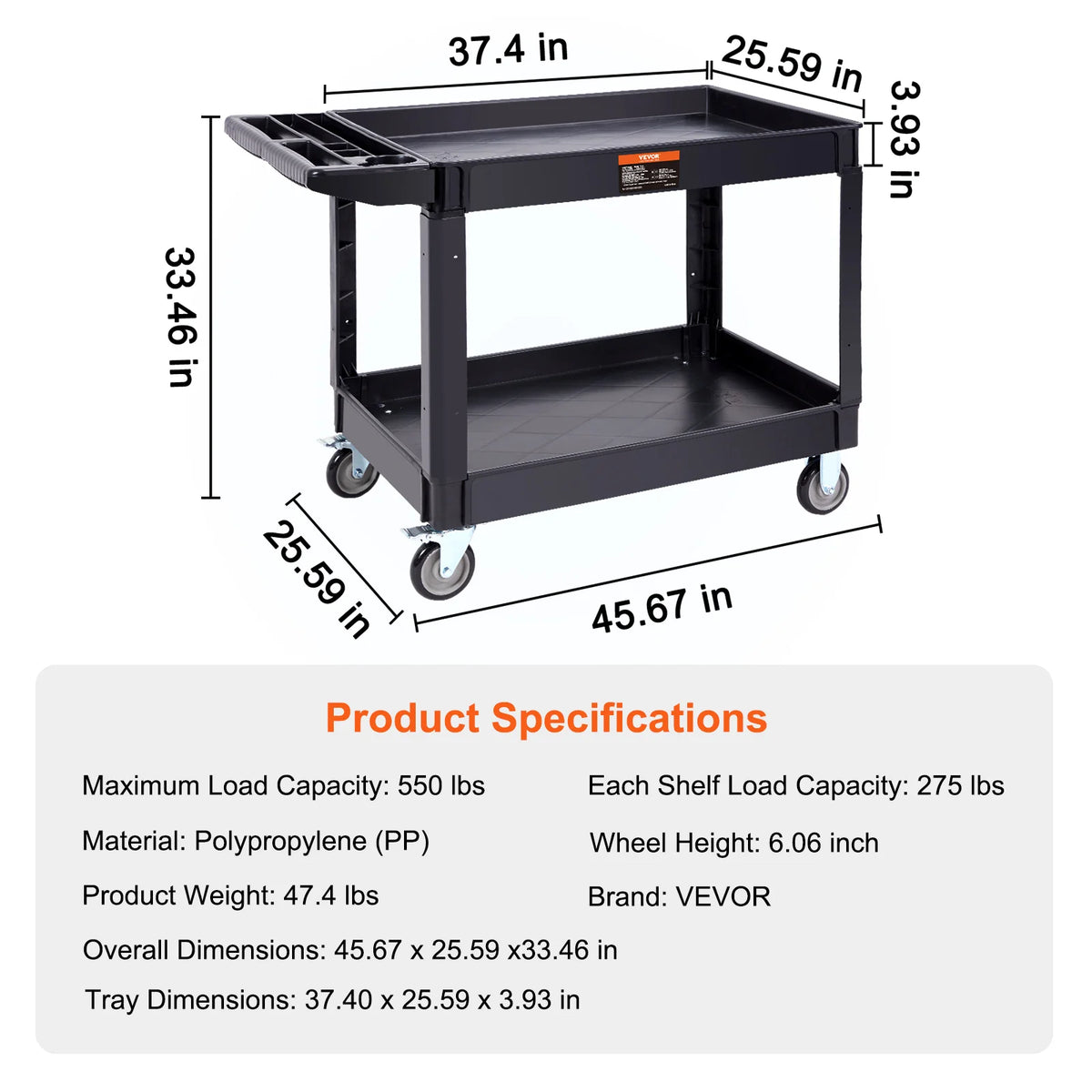 SucceBuy 2/3 Shelf Utility Service Cart Dolly with 360° Swivel Wheels Ergonomic Storage Handle for Warehouse/Garage/Cleaning