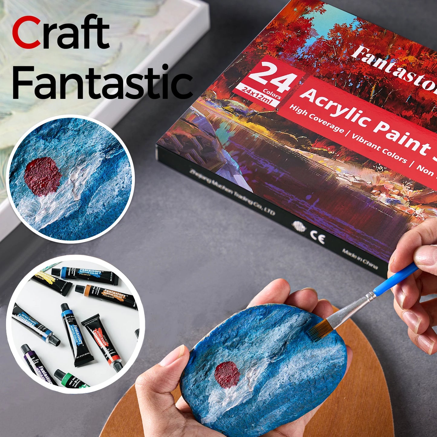 12ML 24 Colors Acrylic Paint Set with 3 Paint Brushes, Ideal Gifts for Painters, Paint Supplies for Adults, Drawing & Painting
