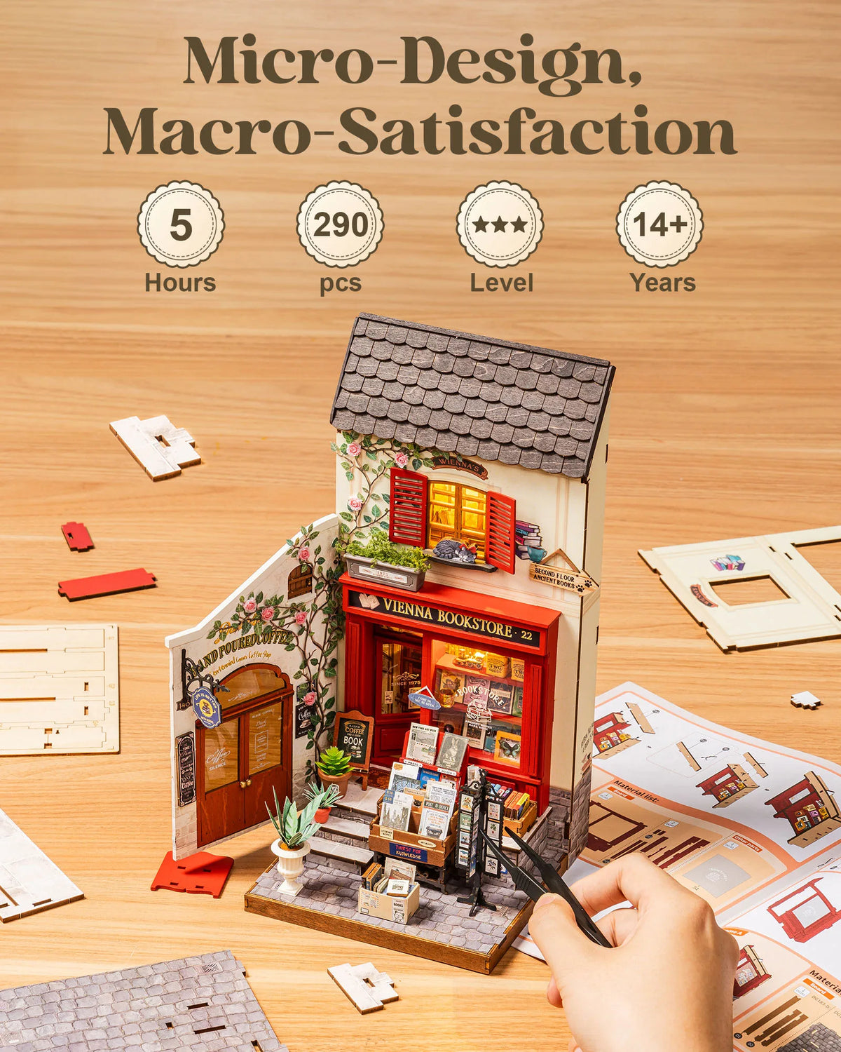 Rolife Wooden 3D Puzzle DIY Miniature House Kit Vienna Bookstore & Aromatic Coffee Cart Model Building Kit with LED Light for Home Decor Gift for Adults Teens