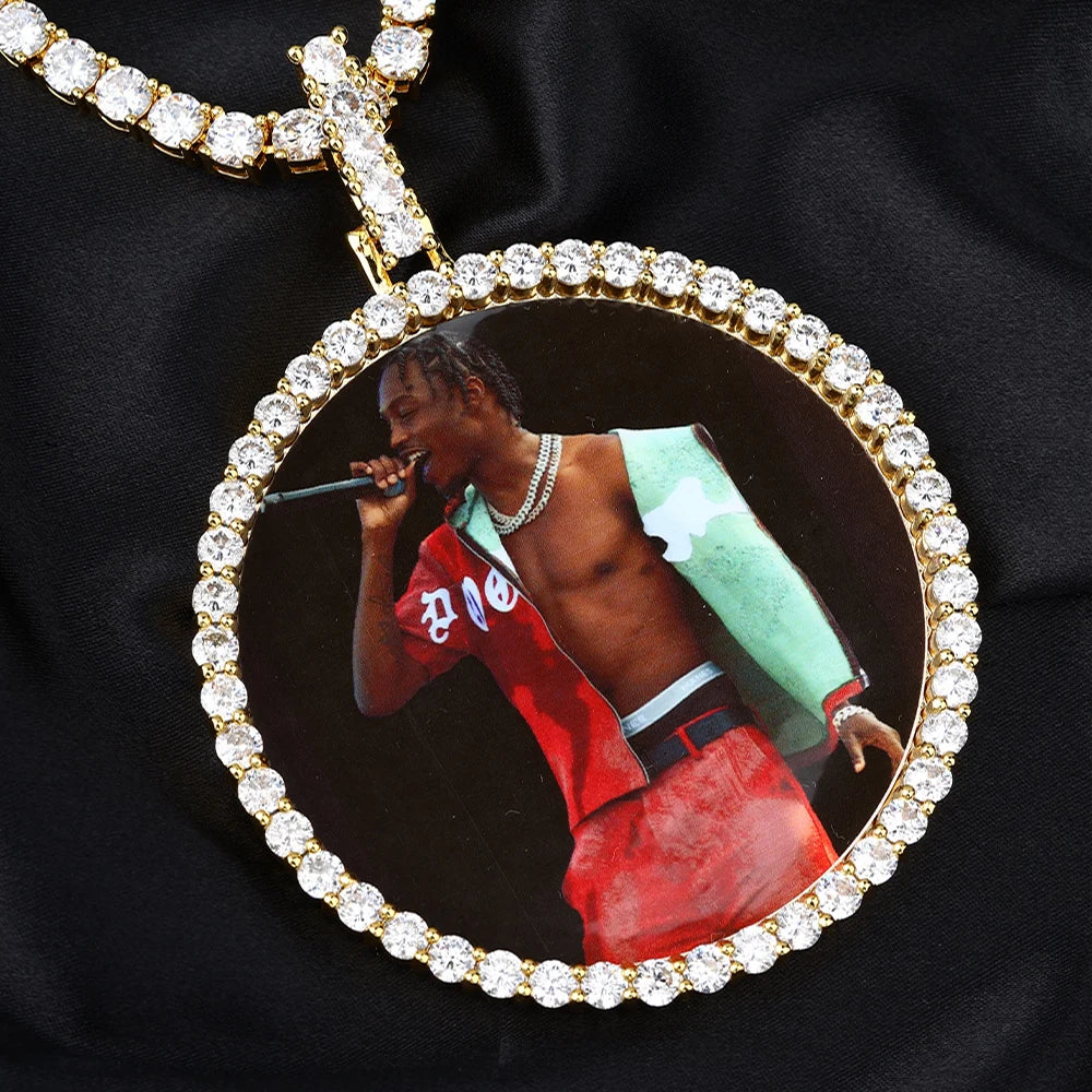 Hip Hop Custom Made Photo Iced Out Bling Cubic Zircon Round Necklace & Pendant For Men Jewelry With Tennis Chain