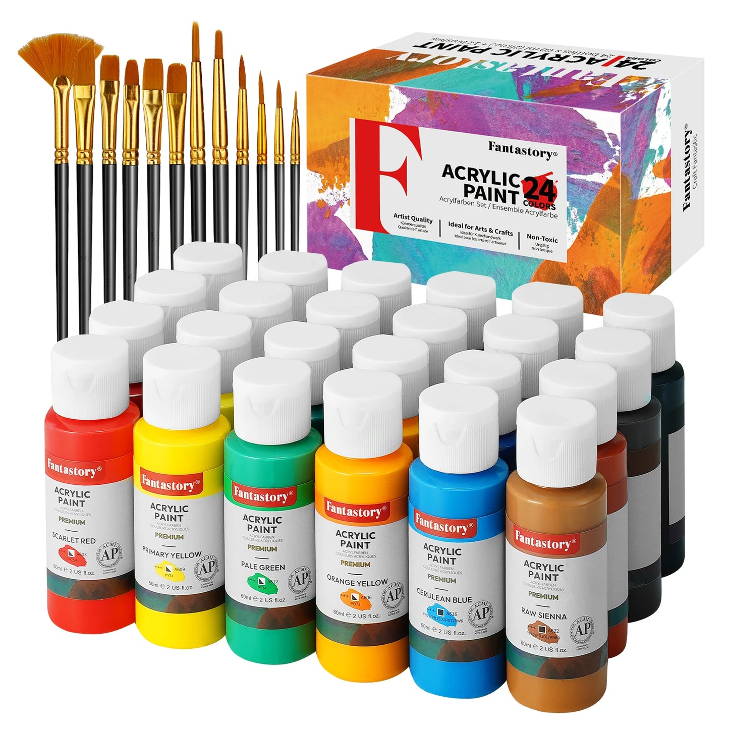 Fantastory Acrylic Paint Set - 24 Colors 2oz Each + 12 Professional Brushes, Ideal for Canvas, Glass, Wood, Ceramics & Models