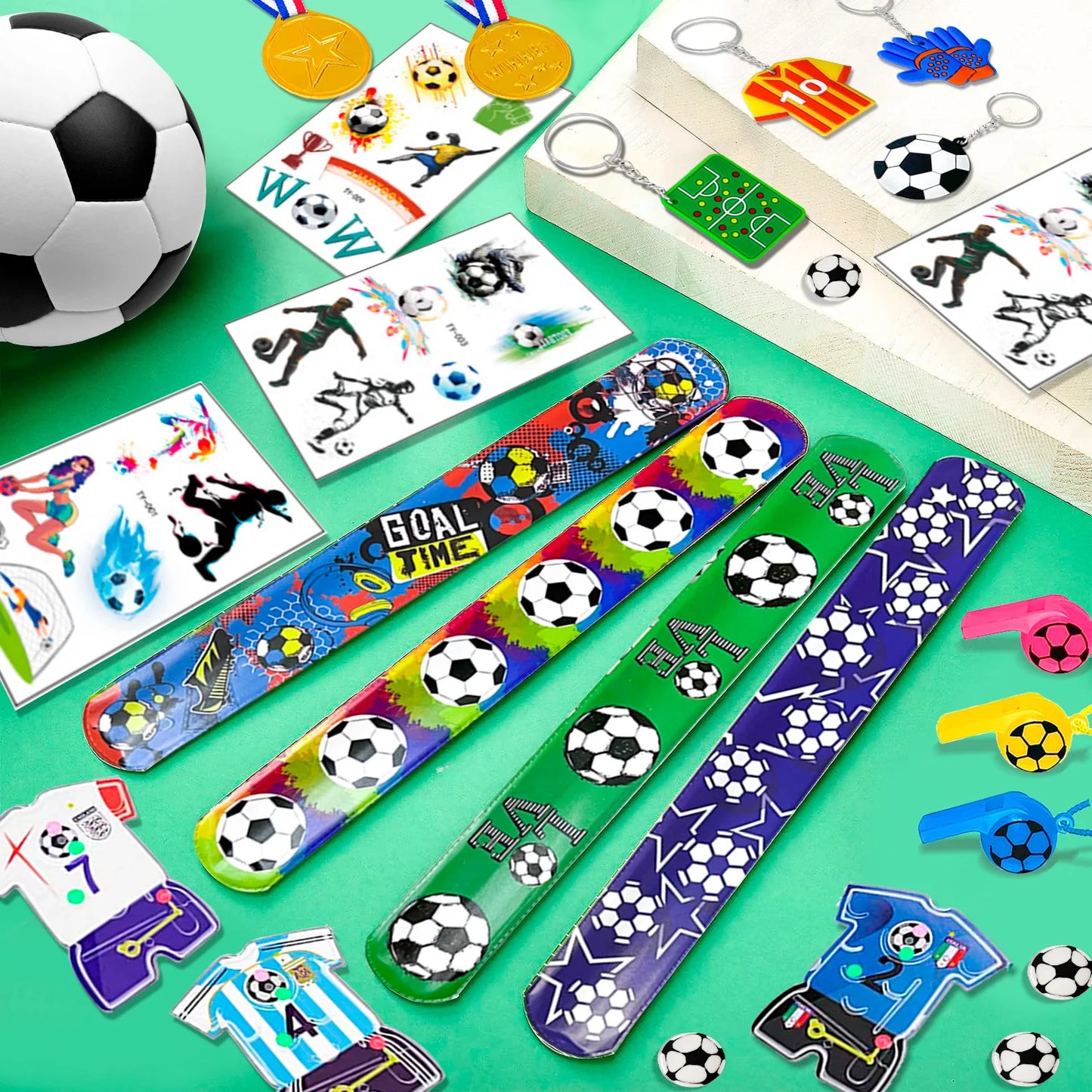 Soccer Favors,96pcs Soccer Party Favors for Kids Including Soccer Slap Bracelets Stickers Medals Keychains Bags Maza Toys etc