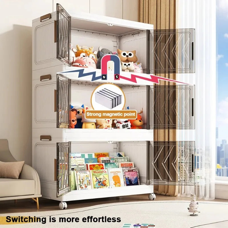 Stackable Storage Bins with Lids, 4 Tier Collapsible Clothes Storage Cabinet Cube Shelf with Wheel for Home Office Dorm Or