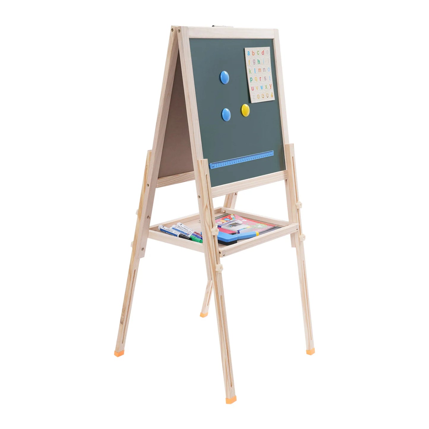 Kids Art Easel Stand Adjustable Wood All-in-One Toddler Easel with Chalkboard/Whiteboard for Kids Aged 2-8 Free Standing Easel