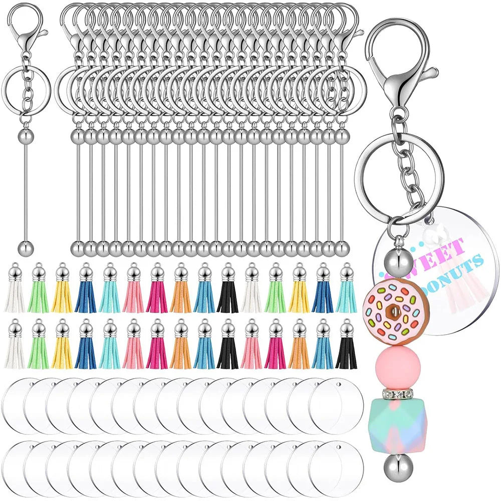 Beaded Keychain Bars, including silver Blanks Bead keychain and Colorful Leather Keychain Tassels