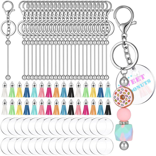 Beaded Keychain Bars, including silver Blanks Bead keychain and Colorful Leather Keychain Tassels