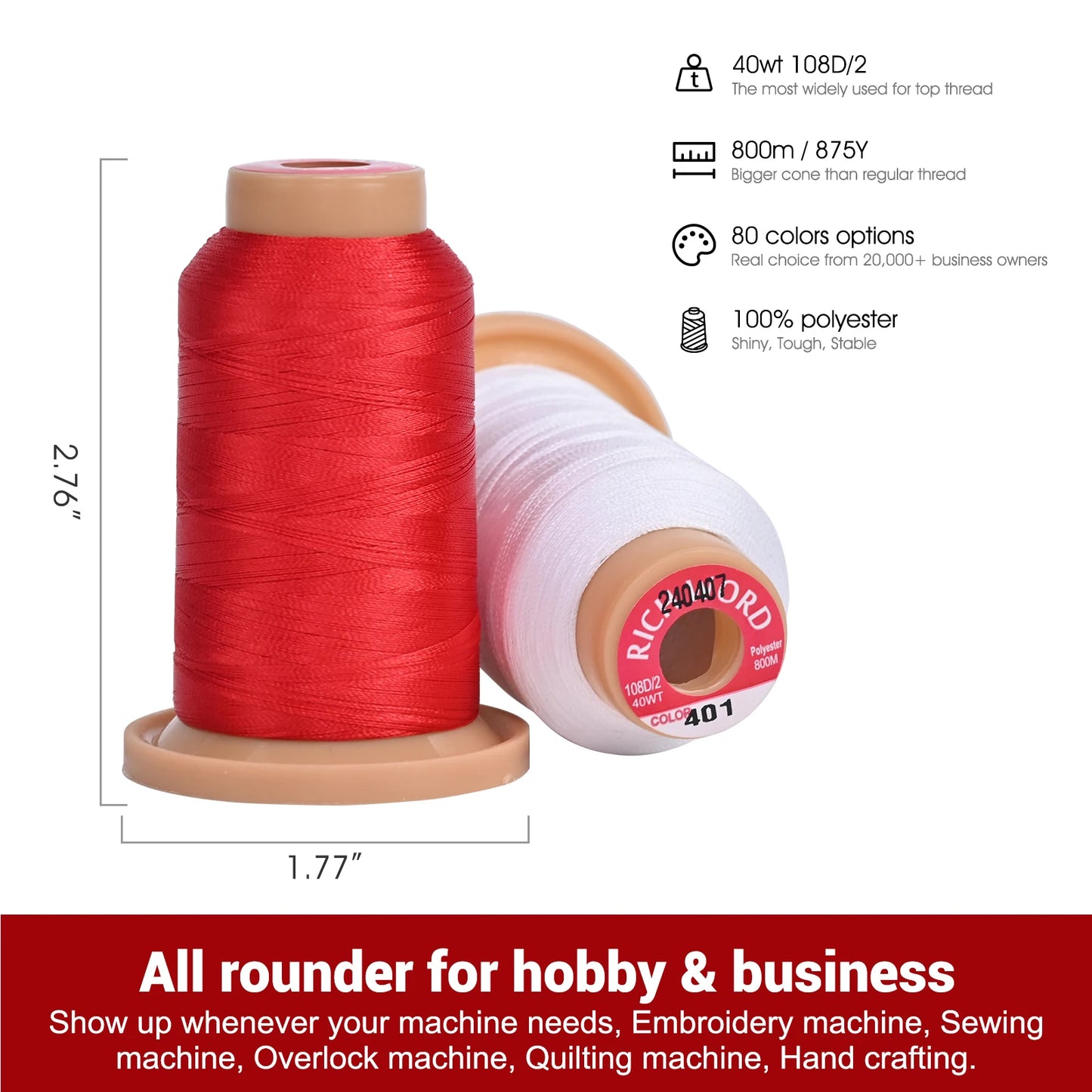 RICHWORD 80Pcs ColorV 800M (875Y) Polyester Thread Kit Each Spool for Embroidery Machines & Sewing Machines
