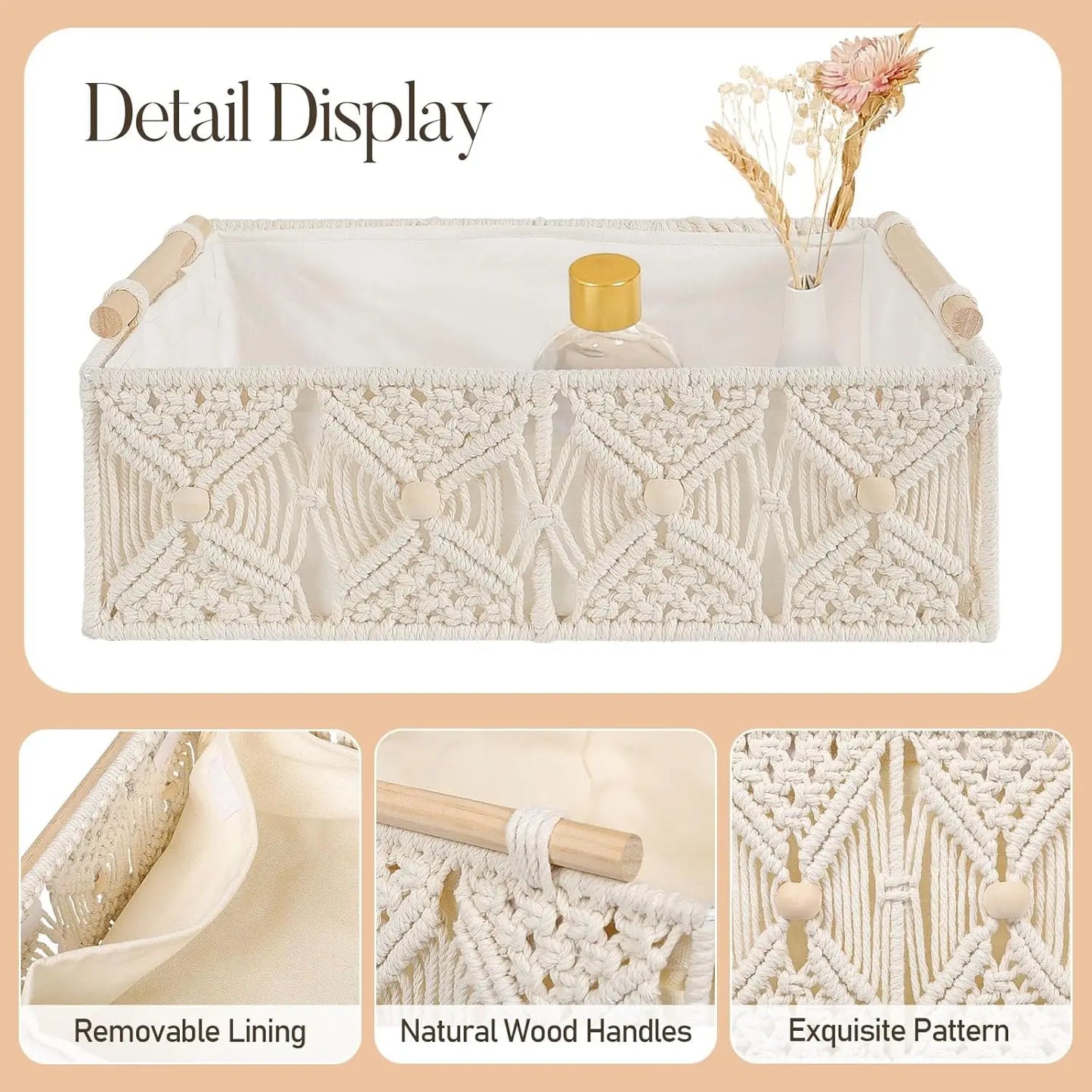 Boho Storage Baskets For Organizing 5 Pcs Macrame Decorative Hand Woven Storage Bins With Natural Wooden Handles Beads Box