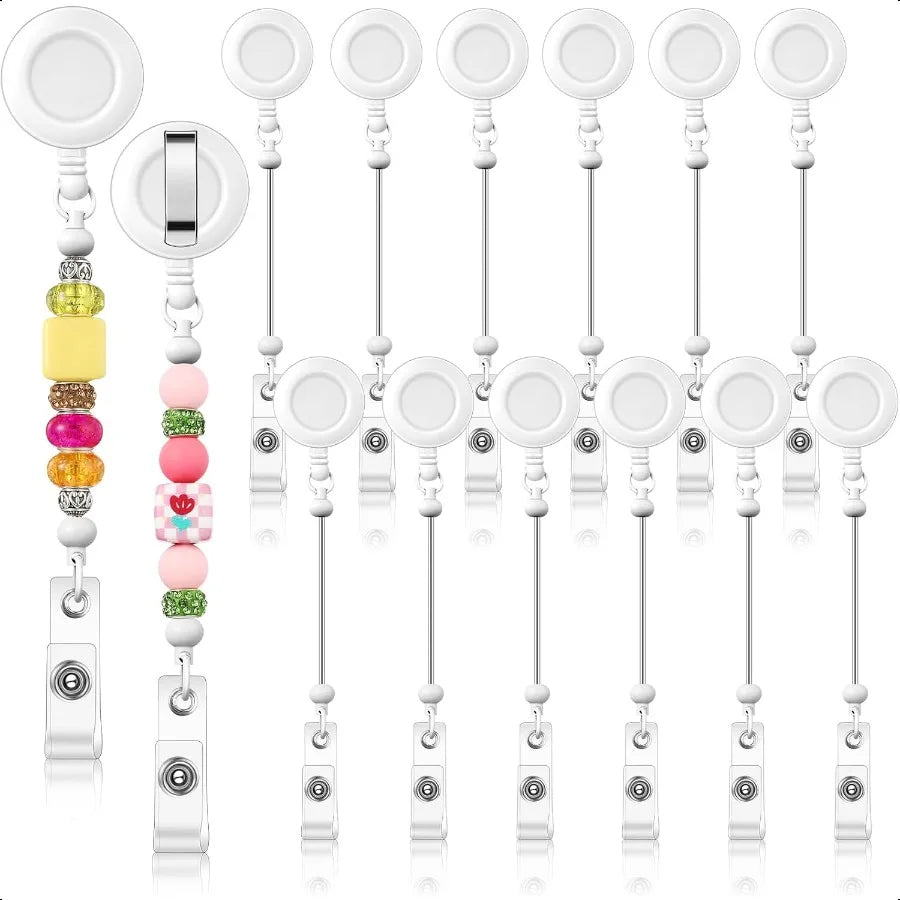 12 Pcs Bead able DIY Badge Reel Kit Retractable ID Name Badge Reel Clips Holder