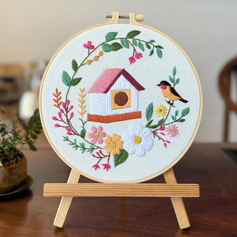 4pcs/set Bird Flower House Embroidery Kit Cross Stitch Embroidery Kit with English Instructions Needle Thread Home Decoration