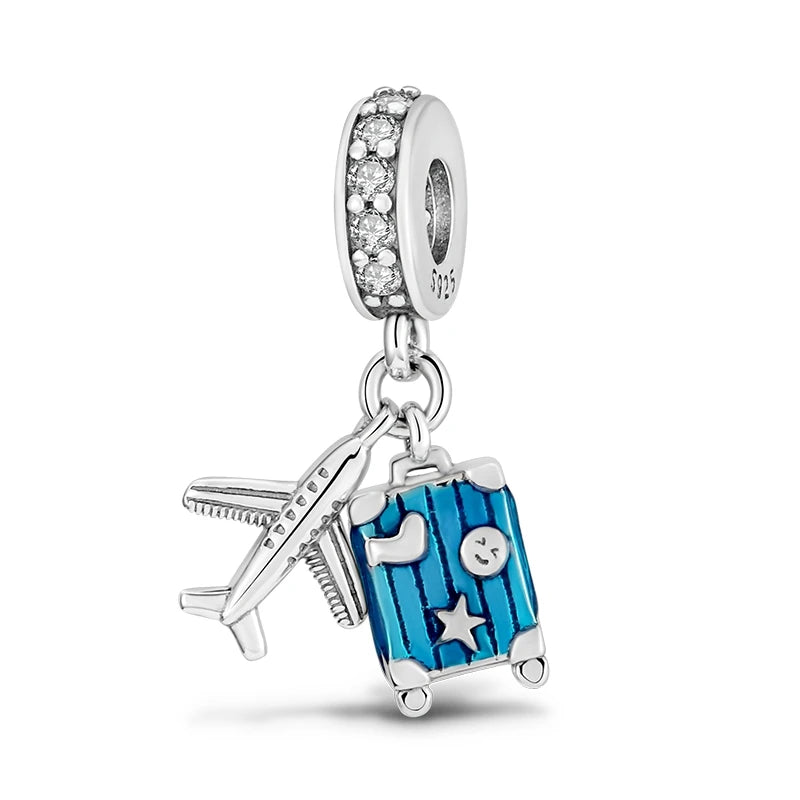 925 Sterling Silver Airplane Luggage Travel Pendants Bracelet Charms Fit Bangle For Women Jewelry Party Beads Gift DIY Accessory