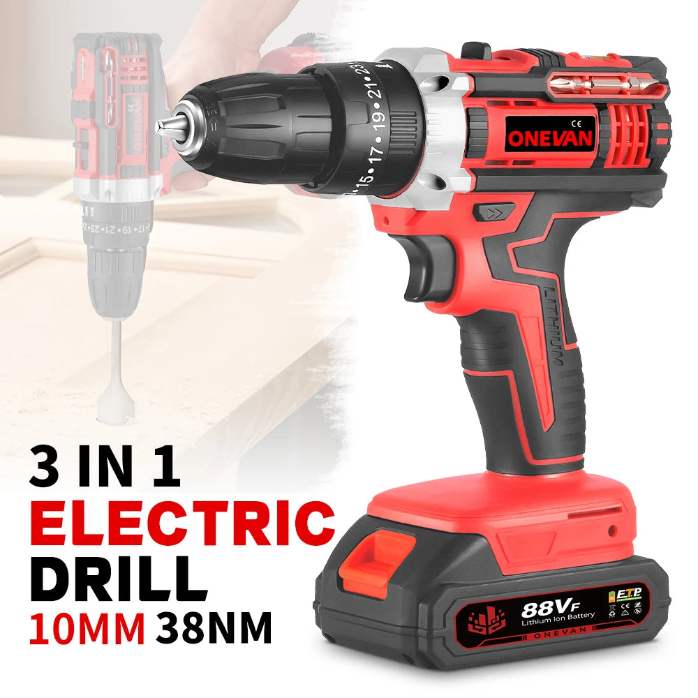 ONEVAN 10mm Cordless Electric Drill Driver Rechargeable Impact Hammer Drill Screwdriver Tools For 21V 18V Battery