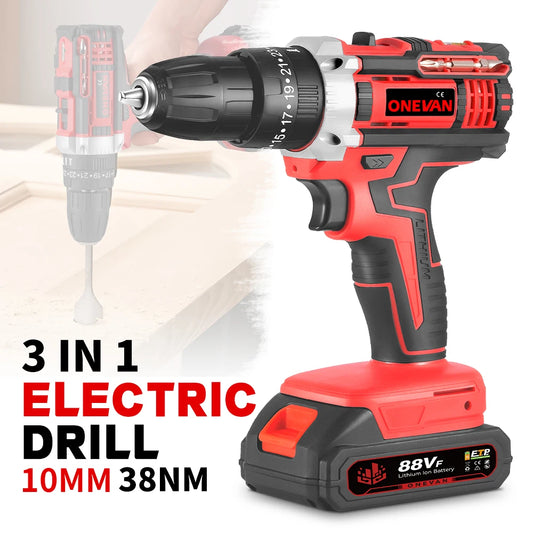 ONEVAN 10mm Cordless Electric Drill Driver Rechargeable Impact Hammer Drill Screwdriver Tools For 21V 18V Battery